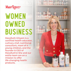 MaryRuth's Liquid Morning Multivitamin Essentials+ bottle beside a glass with a drink.
