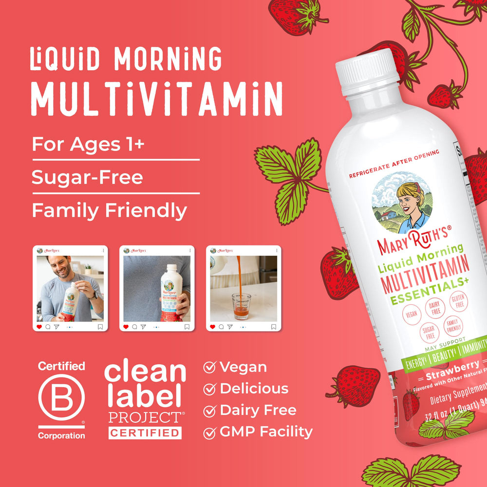 MaryRuth's Essentials+ bottle in a refrigerated close-up highlighting freshness.
