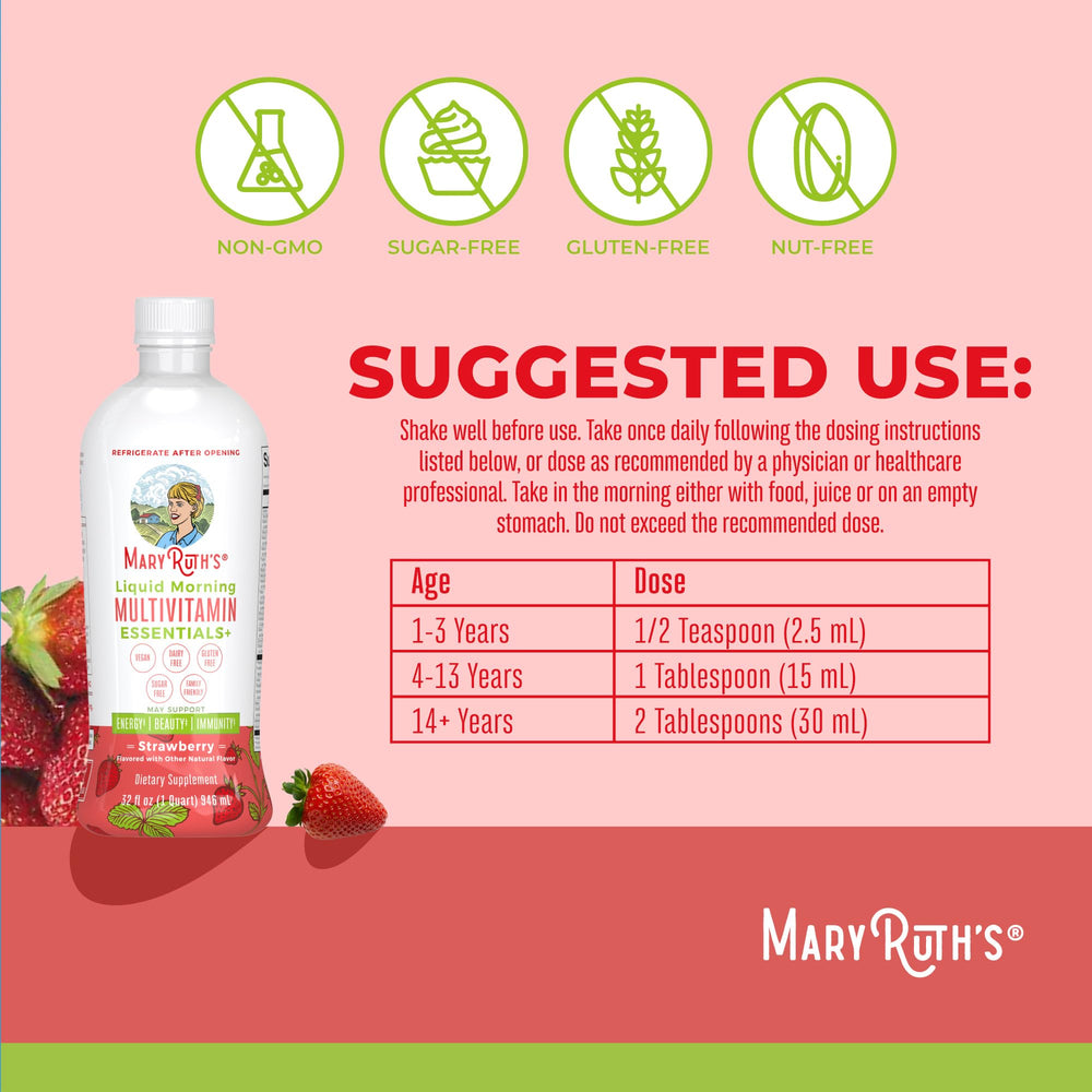 MaryRuth's Liquid Morning Multivitamin Essentials+ strawberry bottle close-up with flavor option.