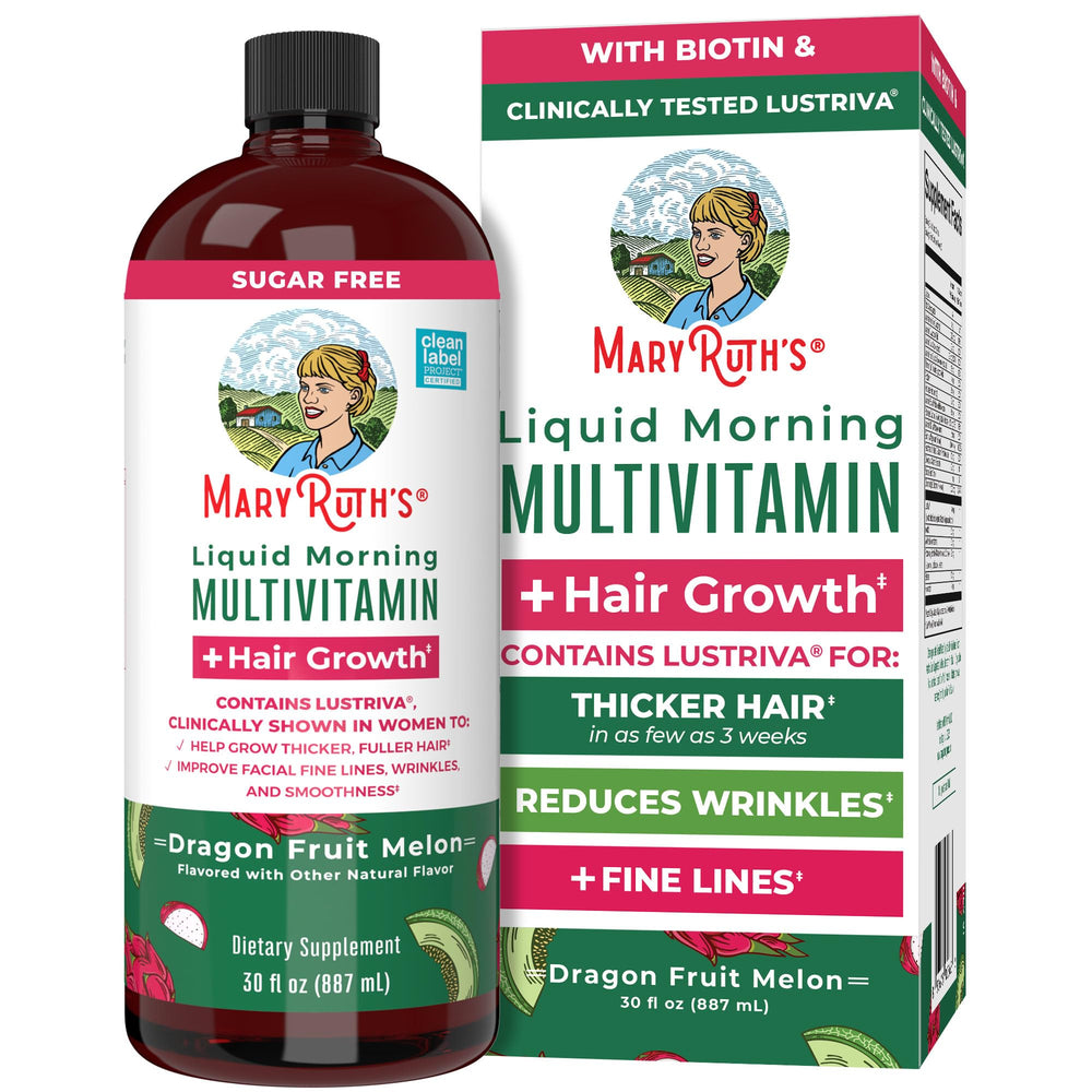 MARYRUTH'S liquid multivitamin bottle highlights hair growth support for daily vitality
