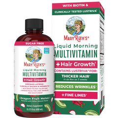MARYRUTH'S liquid multivitamin bottle highlights daily wellness and hair growth support.