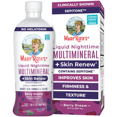 MaryRuth's Nighttime Multimineral bottle on a dresser suggesting skin renewal potential.