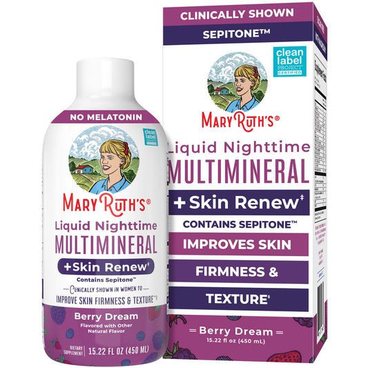 MaryRuth's Nighttime Multimineral bottle with Sepitone supports skin elasticity overnight