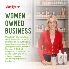 MaryRuth's non-GMO vegan certifications and label on bottle