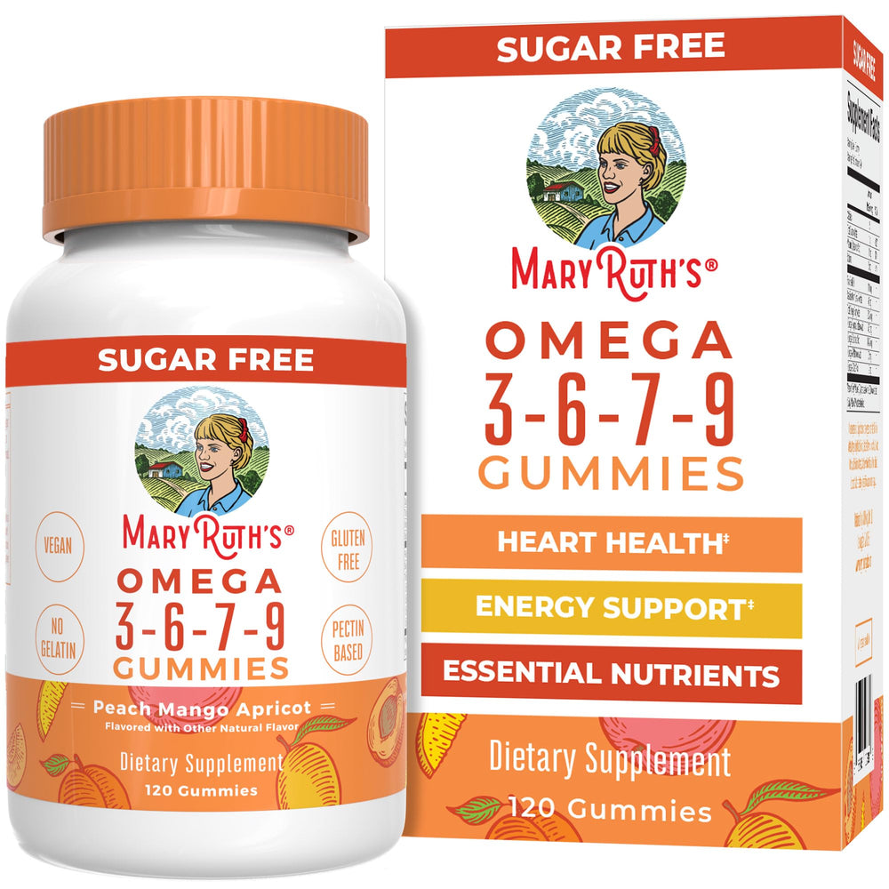 MaryRuth's Omega 3-6-7-9 gummies bottle with peach-mango-apricot flavor for daily use