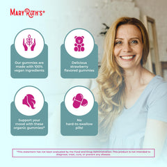 MaryRuth's Organic Menopause Gummies vegan non-GMO badge on packaging