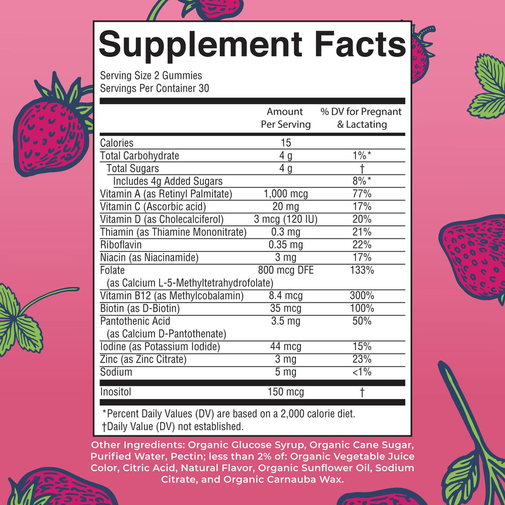 MaryRuth's Prenatal Gummies strawberry flavor close-up showing tasty nutrition.
