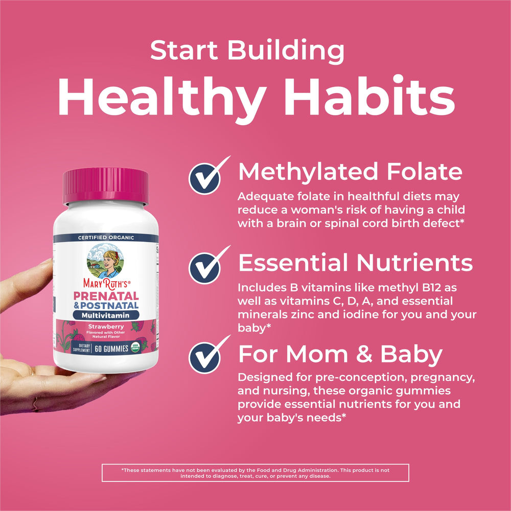MaryRuth's Prenatal Gummies vegan symbol indicating gelatin-free option.