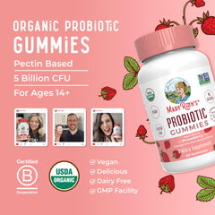MARYRUTH'S Organic Probiotic Gummies strawberry detail emphasizes flavorful daily use.