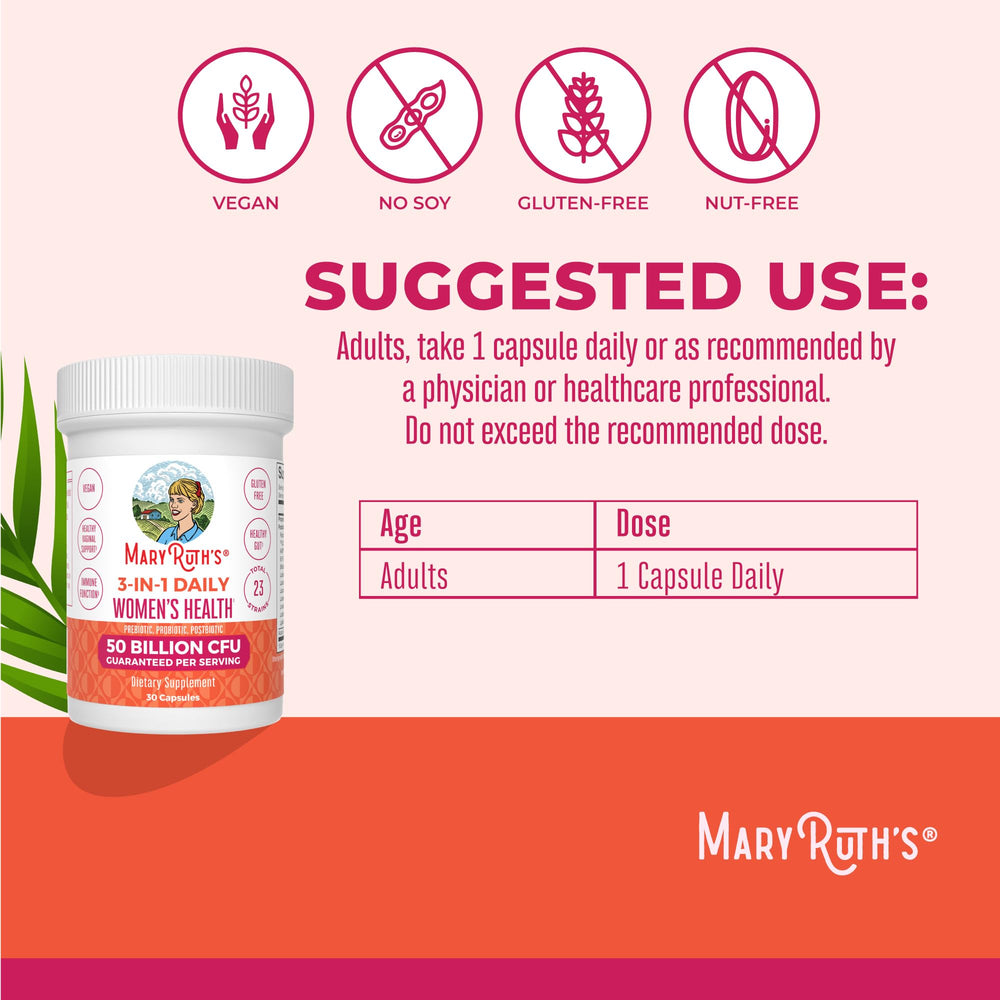 Packaging front of MaryRuth's probiotic product emphasizing vegan and allergen-free formula.