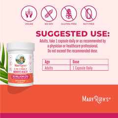 Packaging front of MaryRuth's probiotic product emphasizing vegan and allergen-free formula.