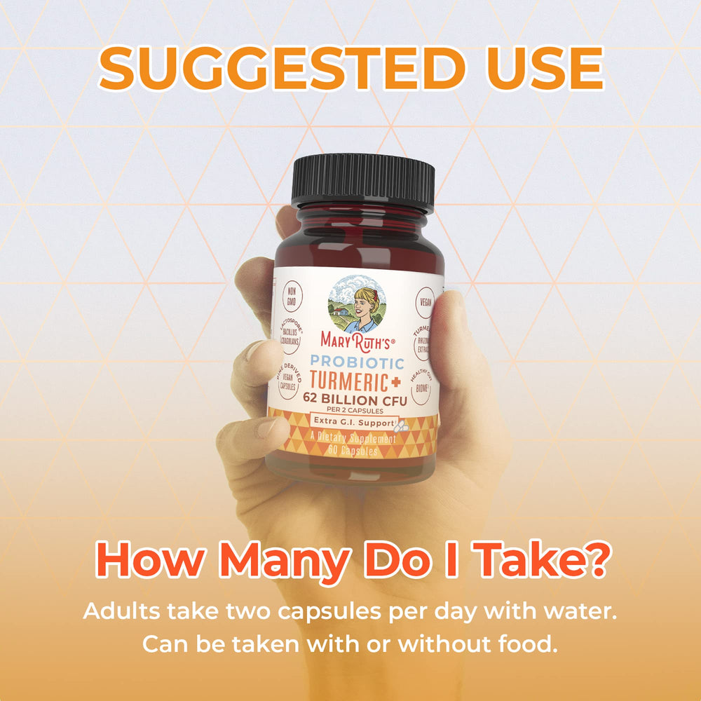 MaryRuth's Probiotic Turmeric bottle with glass of water suggests easy daily ritual