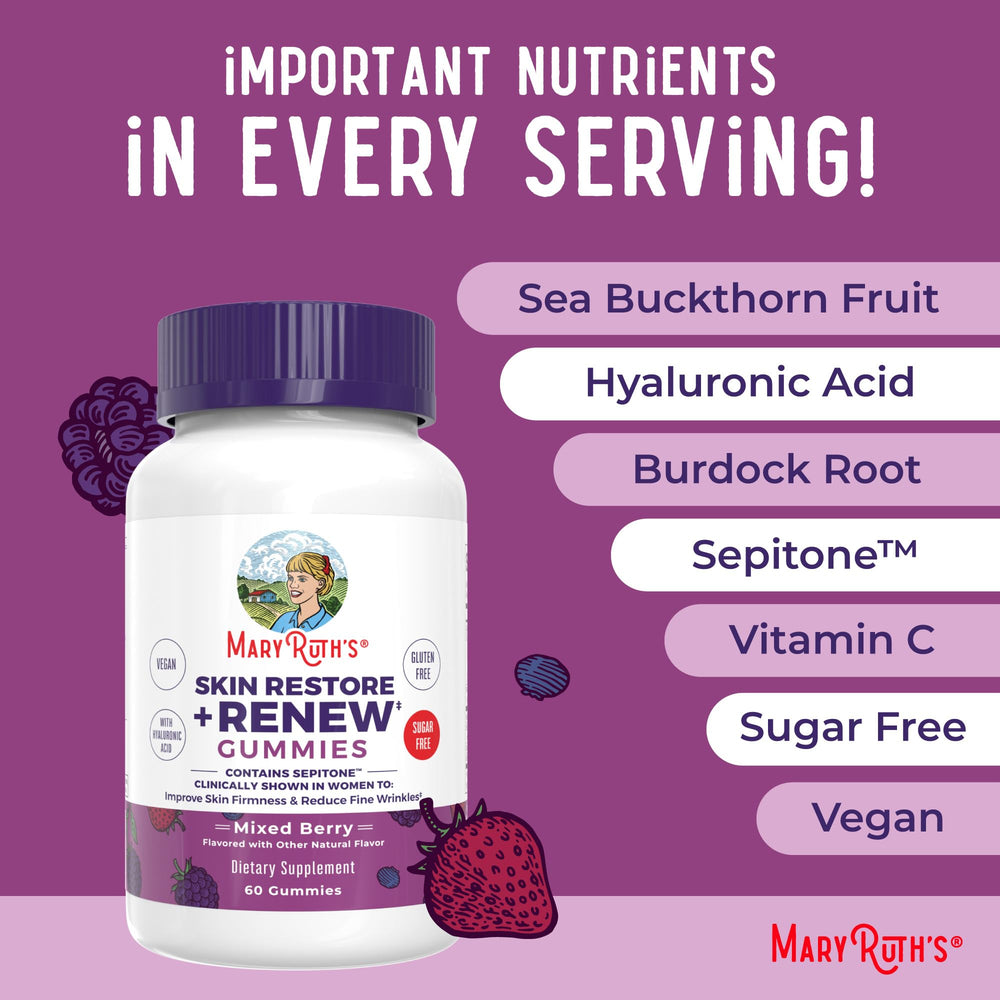 MaryRuth's Skin Restore + Renew vegan non-GMO badge supports clean daily nutrition.