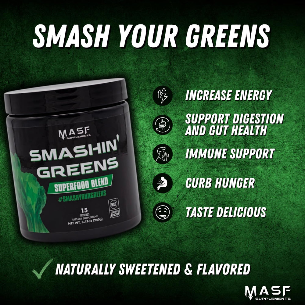 MASF Smashin' Greens spirulina powder close-up emphasizes protein-rich greens for energy.