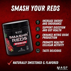 MASF Smashin' Reds beet root base bottle highlights a nitric-oxide–friendly blend for training.