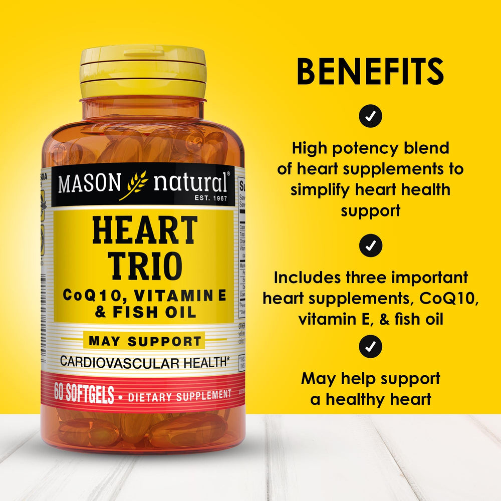 Mason Natural Heart Trio bottle side highlighting convenient daily dosage with two softgels.