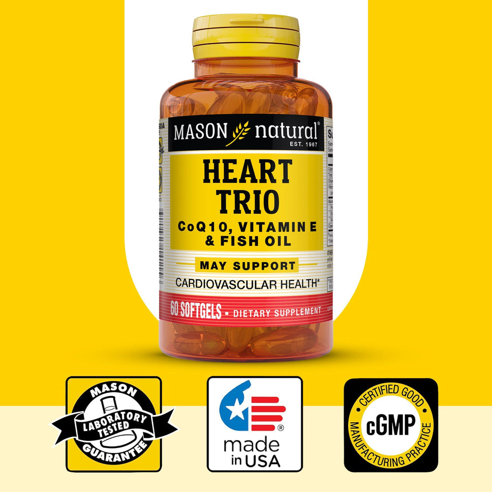 Mason Natural Heart Trio three-month supply box with EPA and DHA omega-3 notes.