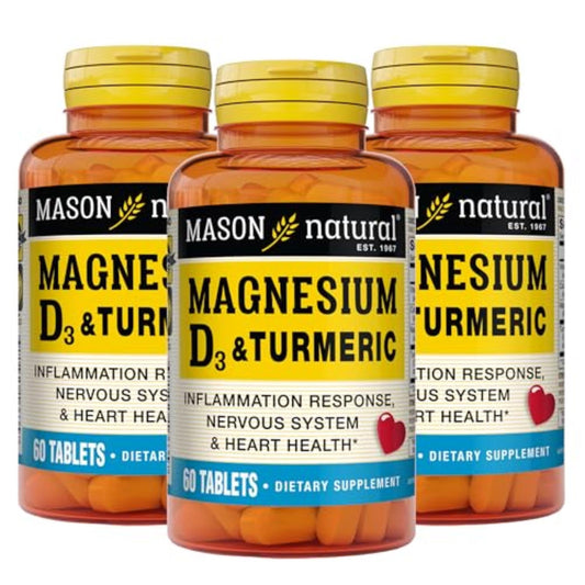Mason Natural magnesium and vitamin D3 turmeric bottle illustrating daily wellness support.