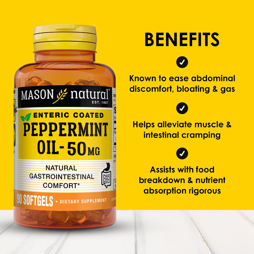 Mason Natural peppermint oil softgel closeup shows capsule texture for fast intestinal release.