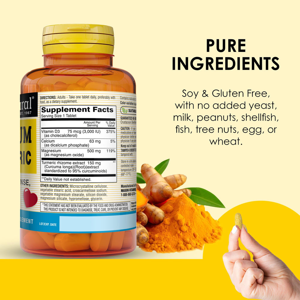 Mason Natural vitamin D3 with turmeric tablets on a kitchen counter for easy supplementation.