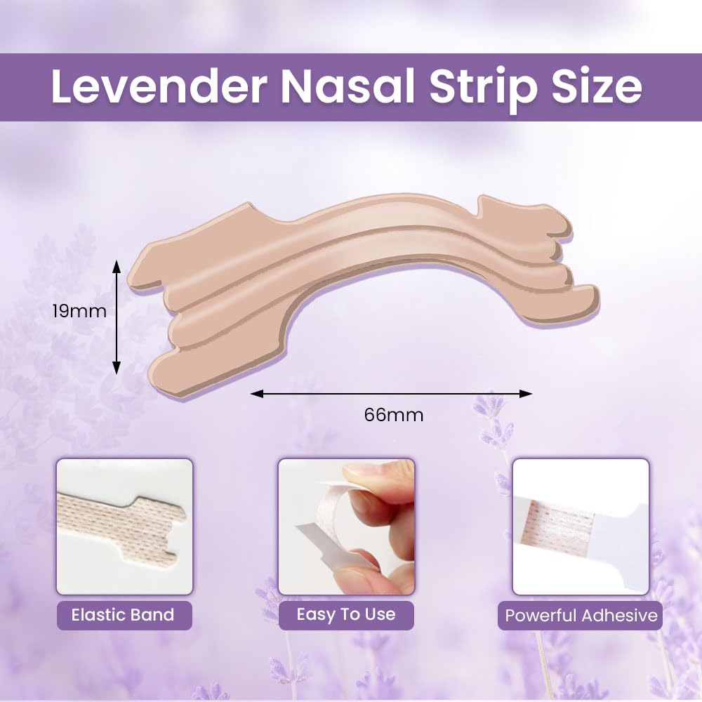 Massner Lavender Nasal Strips on nose demonstrate comfortable, skin-friendly adhesion for restful sleep.