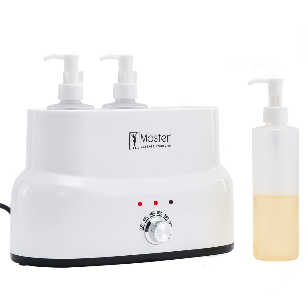 Master Massage 3x8oz bottles inside warmer for heated oils and creams.