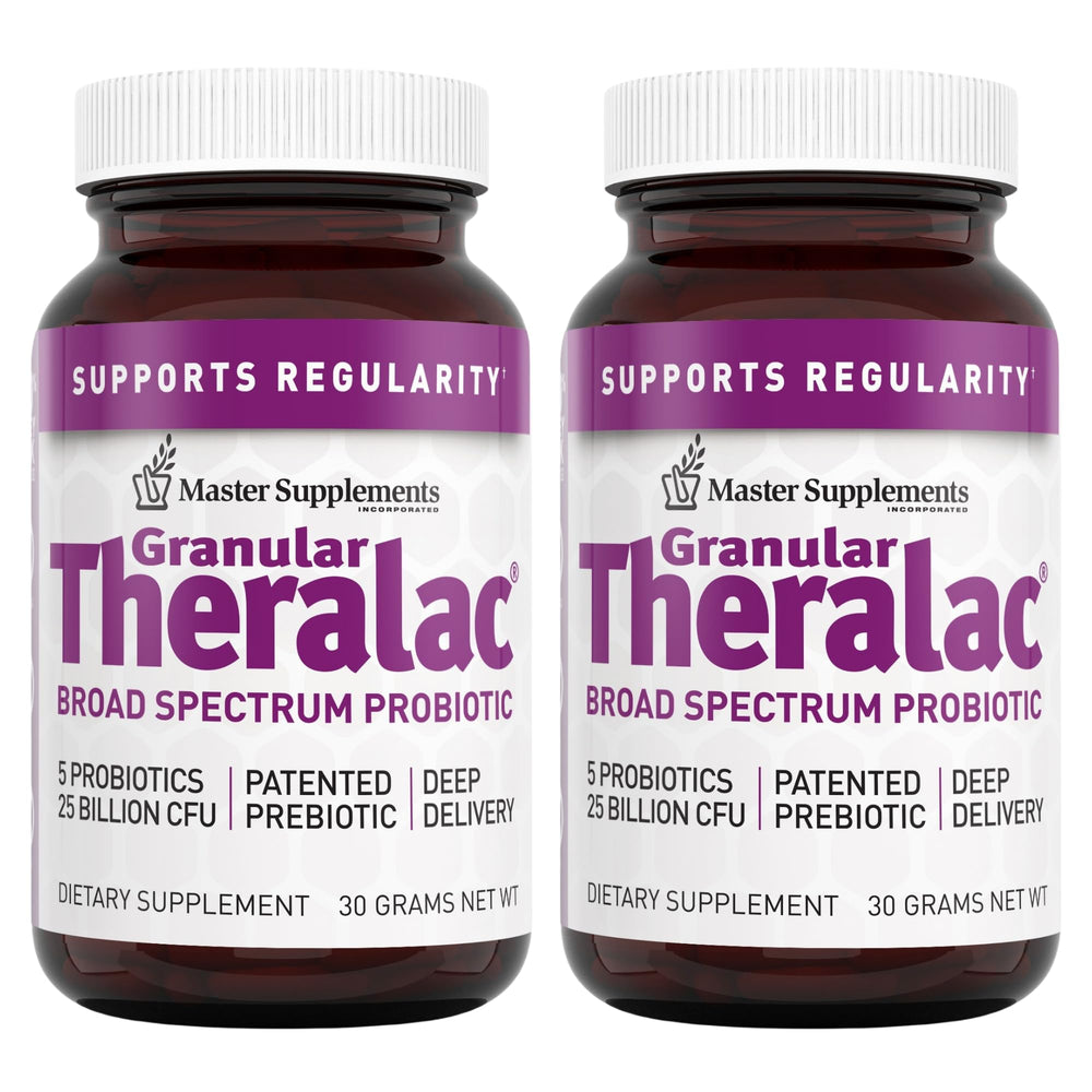 Master Supplements Granular Theralac two-bottle pack for convenient daily probiotic support.