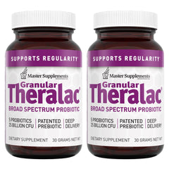 Master Supplements Granular Theralac two-bottle pack for convenient daily probiotic support.