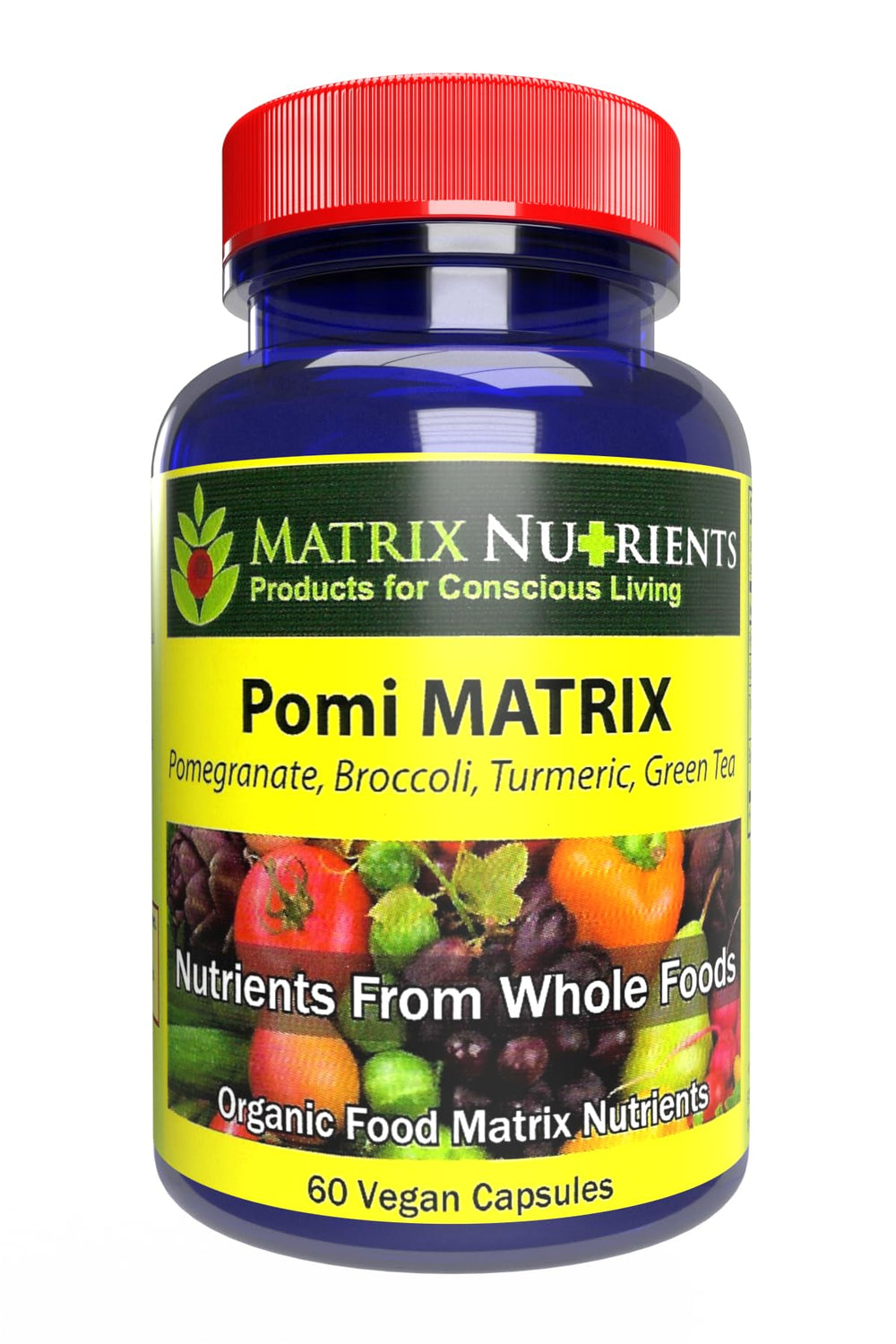 Matrix Nutrients Pomi Matrix bottle front view with vegan capsules for PSA support.