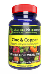 Matrix Nutrients zinc-copper tablets in bottle, supports daily wellness with high purity.