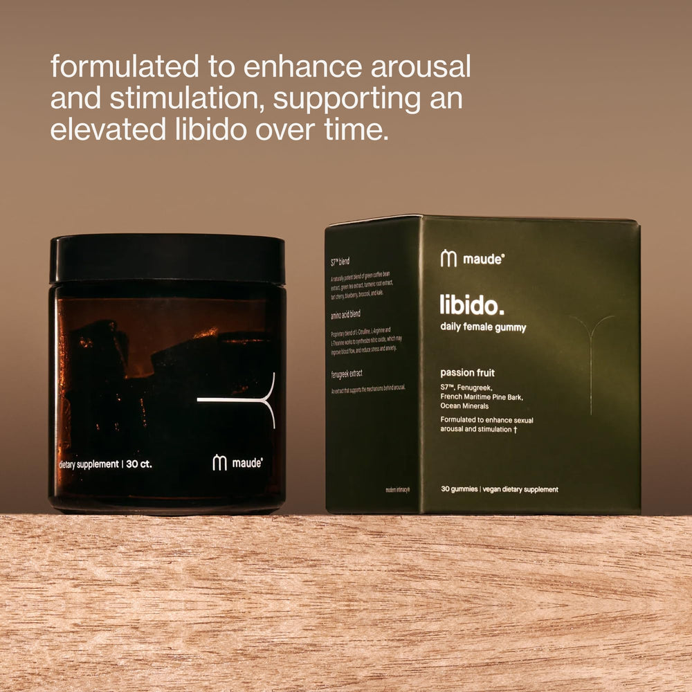 Maude libido gummies label close-up showing fenugreek and sea moss for arousal support potential.