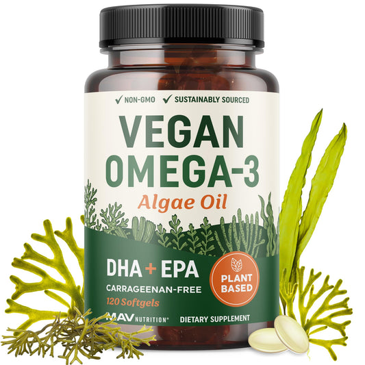 MAV Nutrition vegan omega-3 algae oil bottle highlighting sustainable sourcing