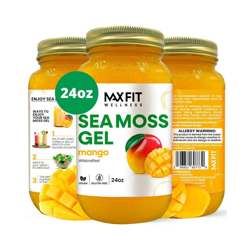 MAX FIT Sea Moss Gel 24oz jar on kitchen counter for convenient daily nutrition.