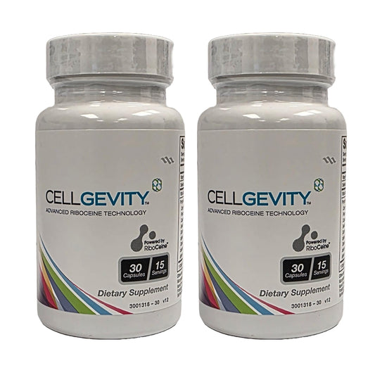 Max International Cellgevity bottle front view with RiboCeine for cellular support.