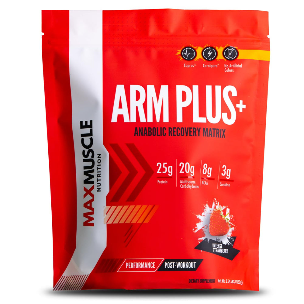 Max Muscle Arm Plus+ intense strawberry bottle, recovery formula ready for post-workout use
