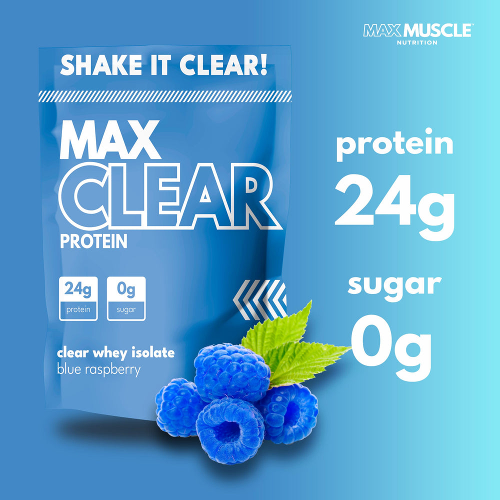Max Clear Protein blue raspberry shake ready, zero sugar and refreshing hydration.