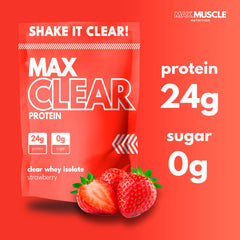 Max Muscle Max Clear Protein whey tub and scoop for quick, high-protein mixing.