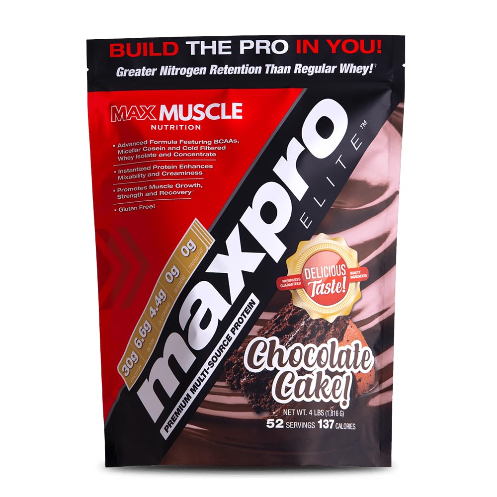 Max Muscle Maxpro Elite tub in chocolate cake flavor showing 30 g protein per serving for recovery