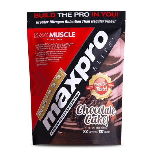 Max Muscle Maxpro Elite tub in chocolate cake flavor showing 30 g protein per serving for recovery