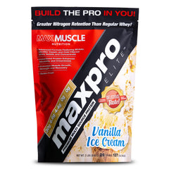 Max Muscle Maxpro Elite vanilla whey powder in 2lb bag for daily fueling