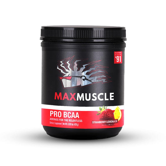 Max Muscle Pro BCAA bottle with scoop for recovery support.
