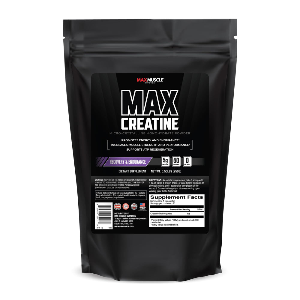 Max Muscle Ultra Pure Creatine Monohydrate powder bottle showing 5 g servings for performance
