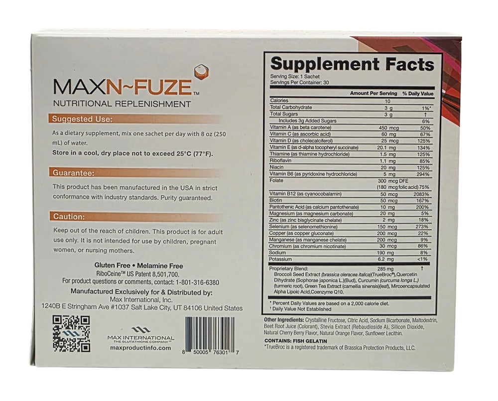 Max N-Fuze packaging closeup shows labeling for trust and clarity.