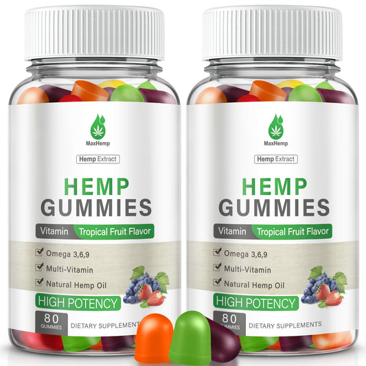 MaxHemp hemp gummies bottle highlighting pain support and easy dosing.