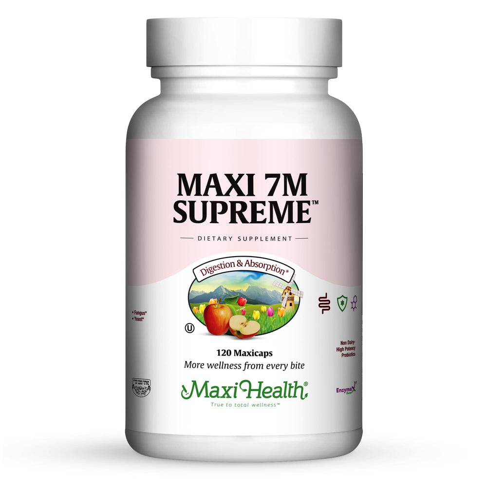 Maxi Health Acidophilus bottle showing a potent probiotic blend for gut balance.