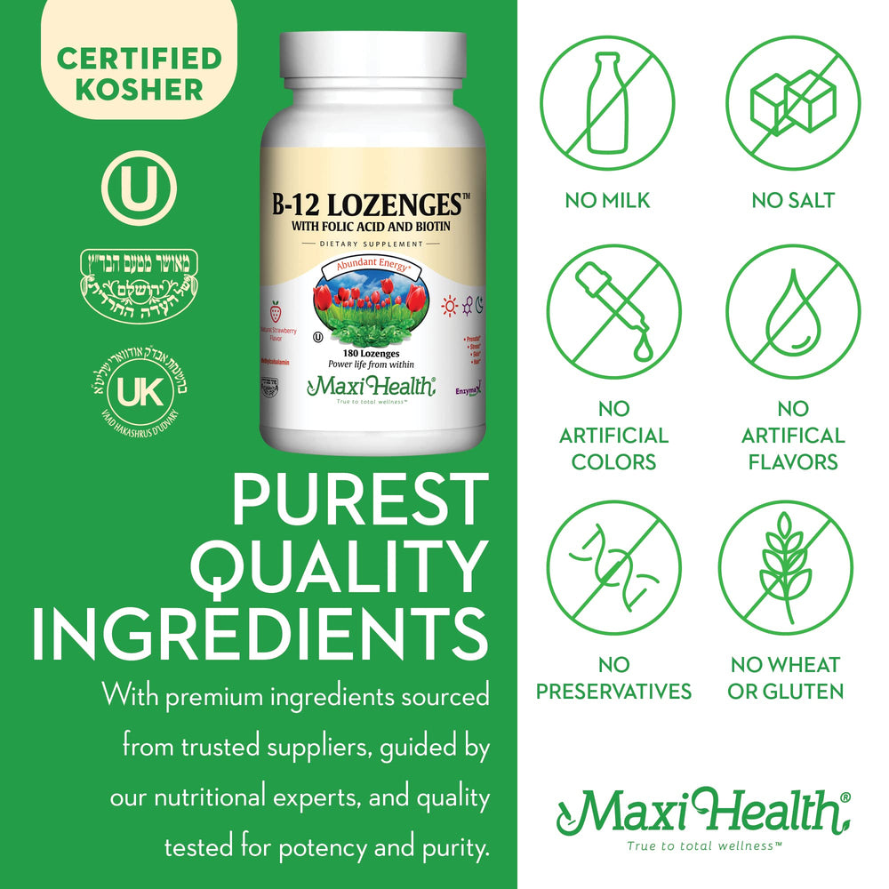 Maxi Health B12 lozenges made in USA manufacturing badge on bottle.