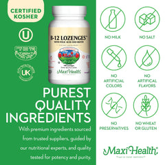 Maxi Health B12 lozenges made in USA manufacturing badge on bottle.