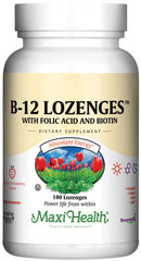 Maxi Health B12 lozenges strawberry bottle for daily energy support.