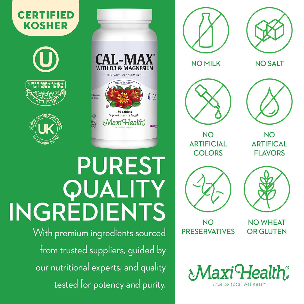 Maxi Health Cal Max Enzymax graphic signaling digestive enzyme for better uptake.