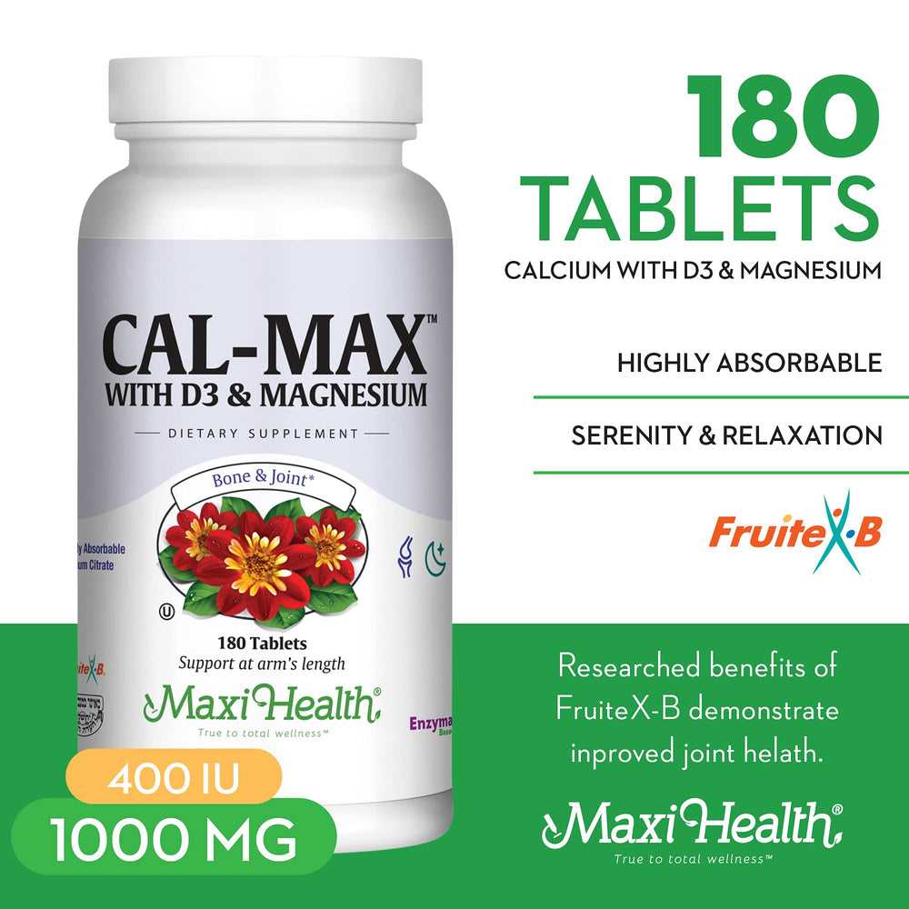 Maxi Health Cal Max tablets close-up showing calcium and magnesium for bone and joint health.